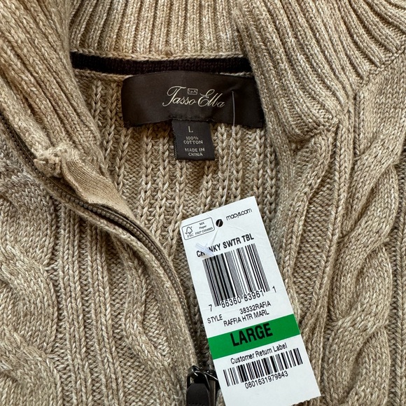 NWT Tasso Elba Men’s Cableknit Quarter- Zip Taupe Sweater Size L - Picture 3 of 4